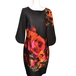 Julian Taylor Women's Black Floral Sheath Scuba Dress Size 12 Midi Bold Print